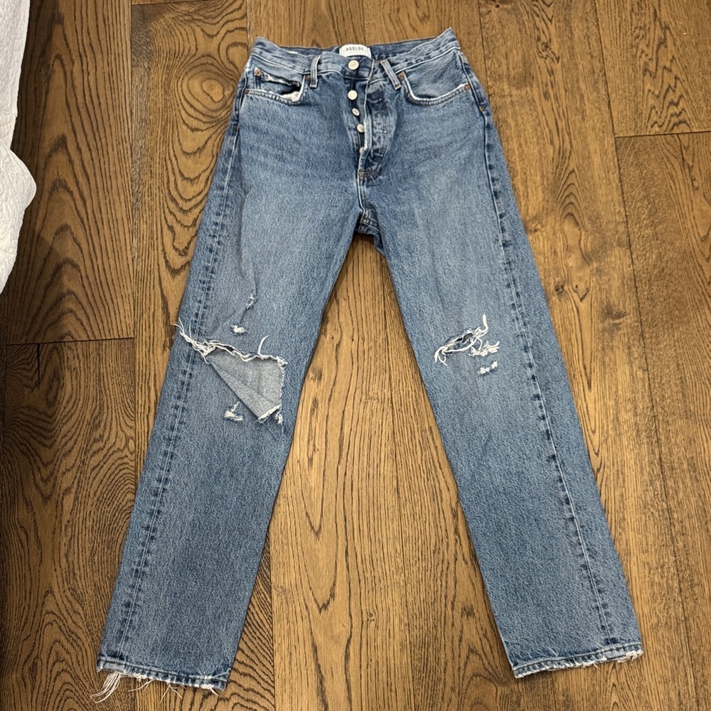 Agolde Blue Distressed Straight Leg Jeans